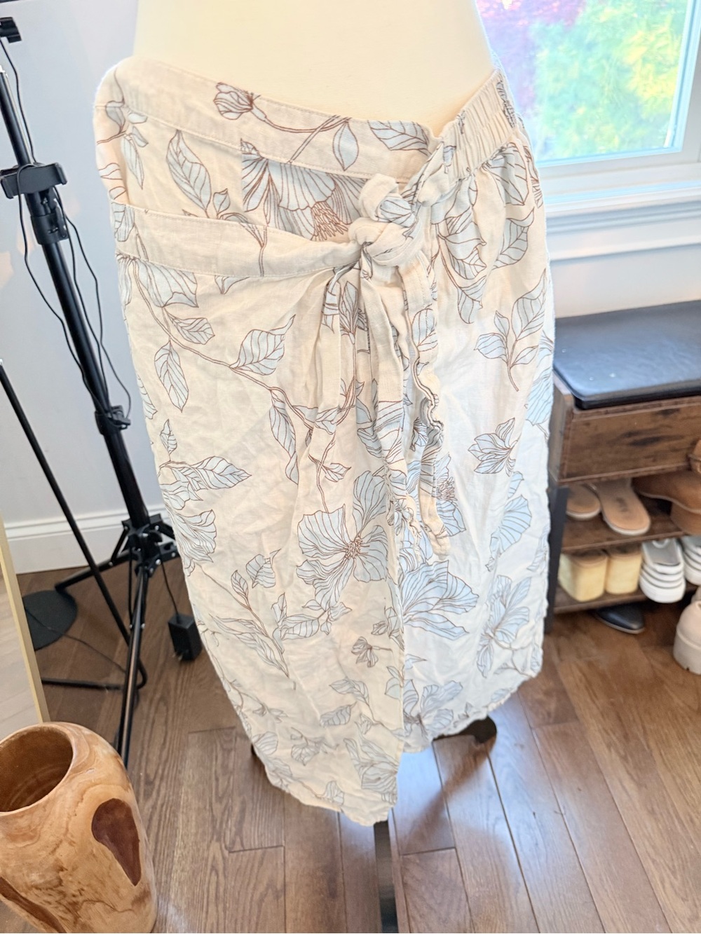 Cynthia Rowley Light Linen Floral Faux Wrap Skirt Cream Blue Leaf Print XL